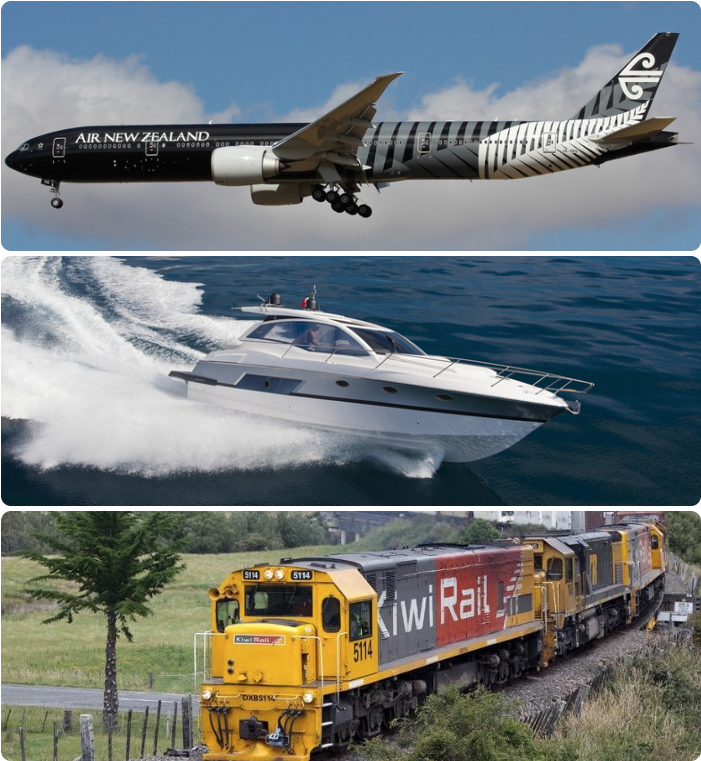 Collage image of Airplane, motorboat and freight train